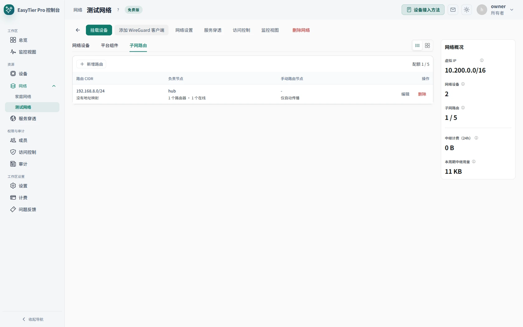 The subnet routes tab of the hub's network in the EasyTier console, with the LAN subnet routed through the hub