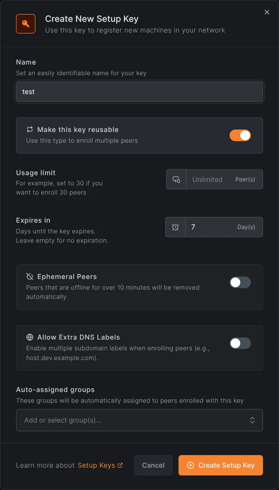 The Create Setup Key form filled in