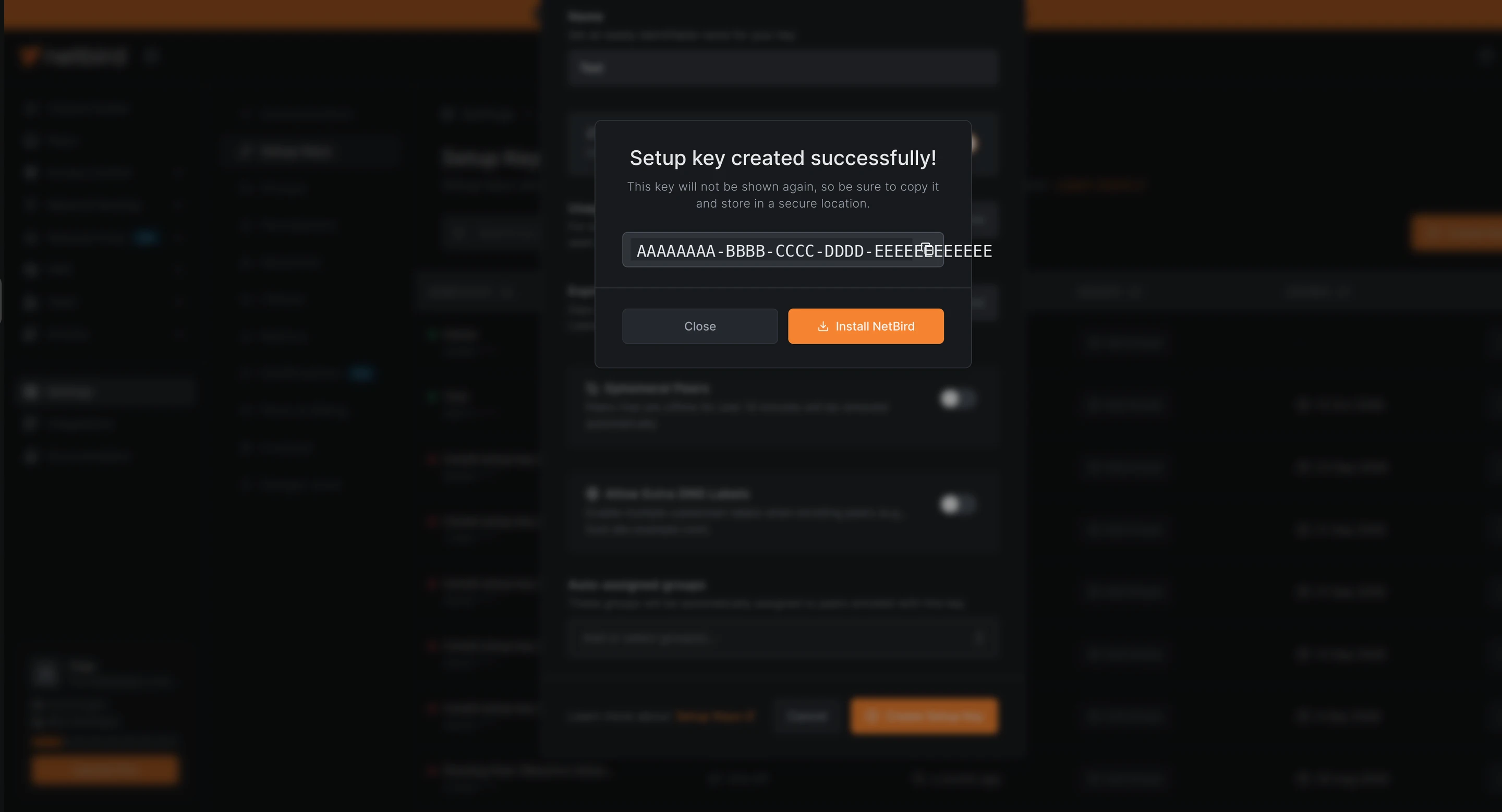 The new setup key, shown once