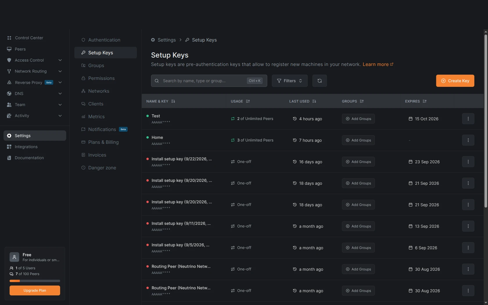 The Setup Keys list in the NetBird console