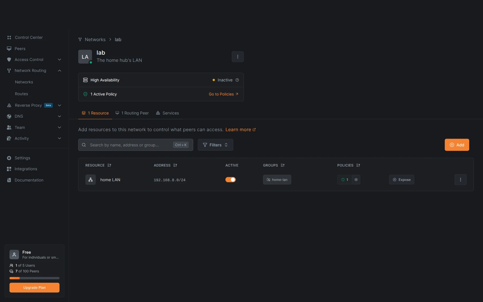 A NetBird network with the hub as its routing peer and the LAN subnet as its resource