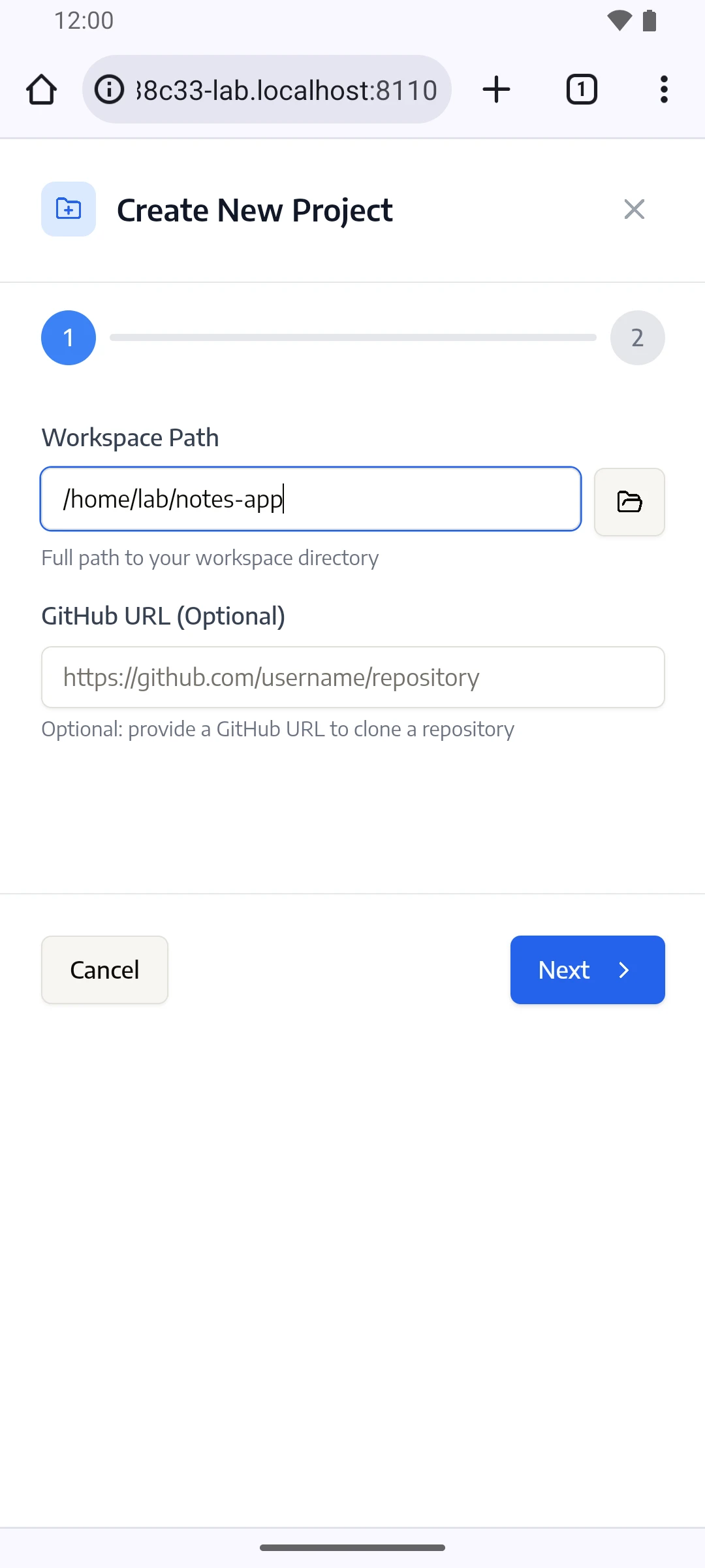 The Create New Project form with a workspace path
