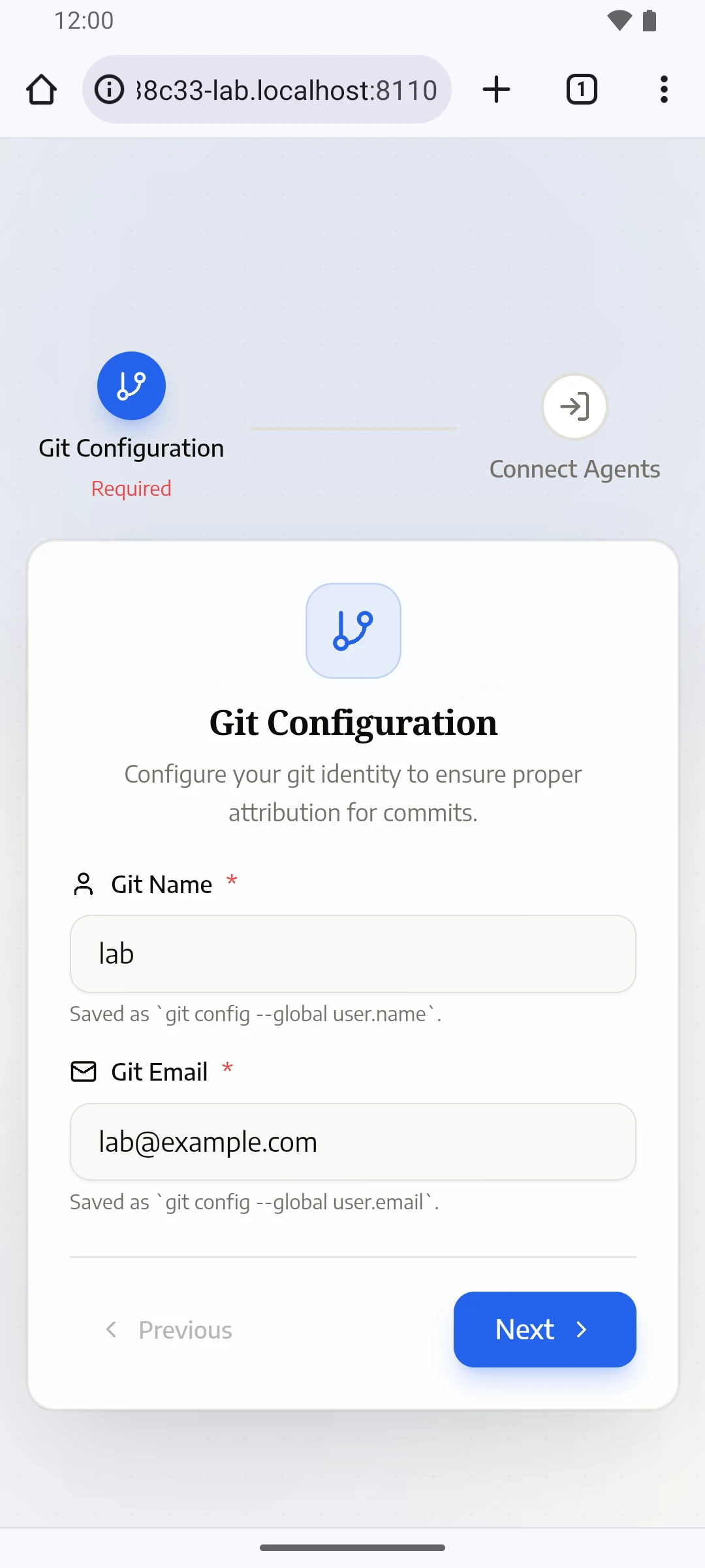 CloudCLI's Git Configuration screen in the phone's browser