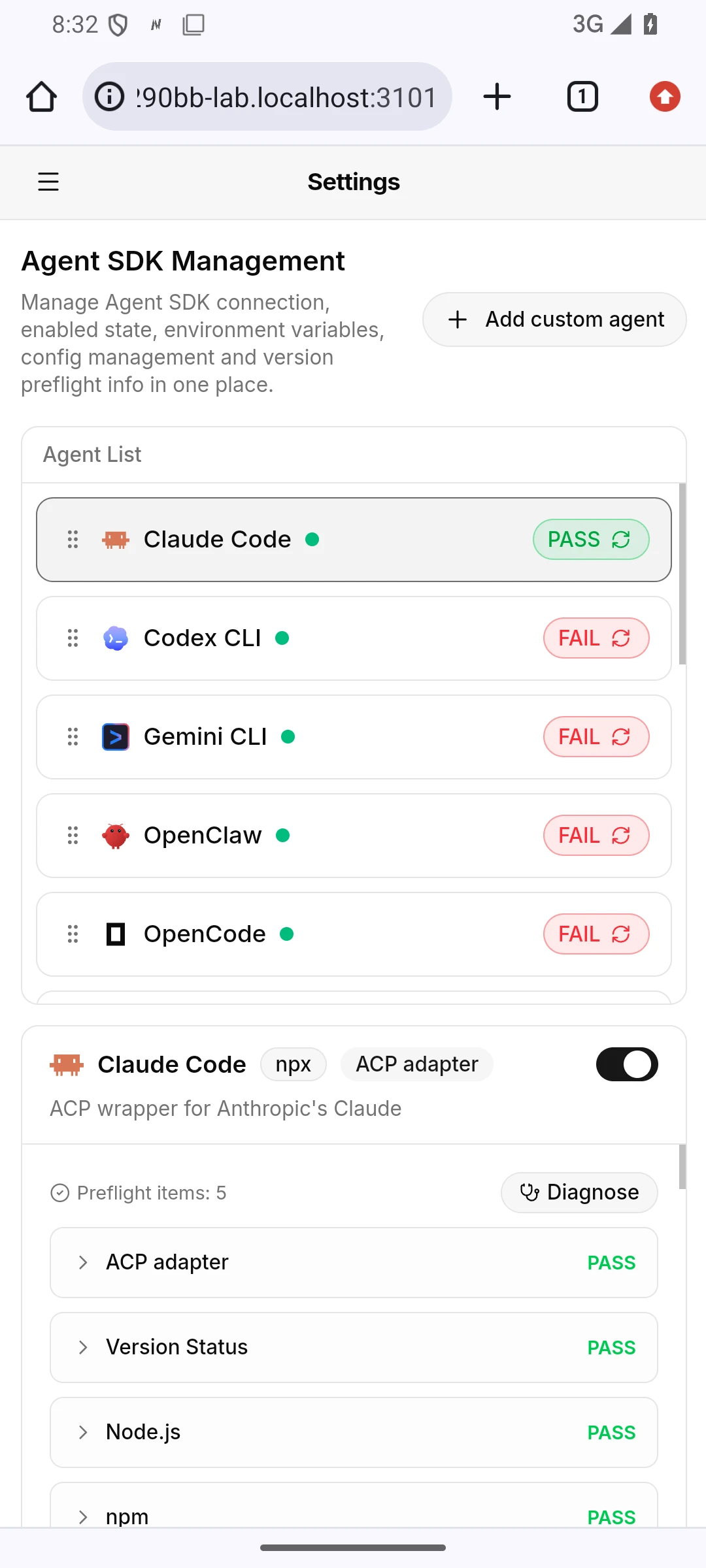 Codeg's Agents settings with the Claude Code adapter installed