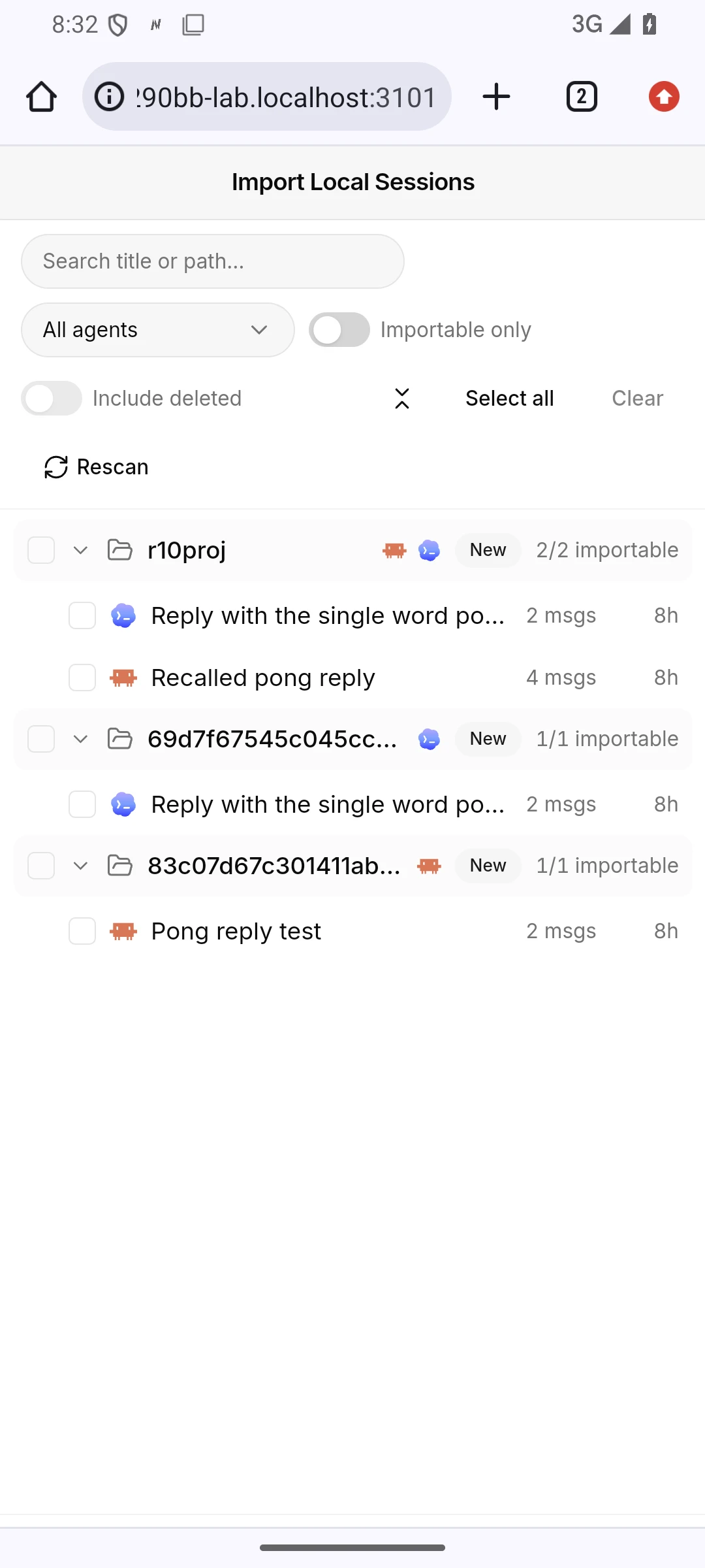 Codeg's import of local sessions, listing the account's Claude Code sessions