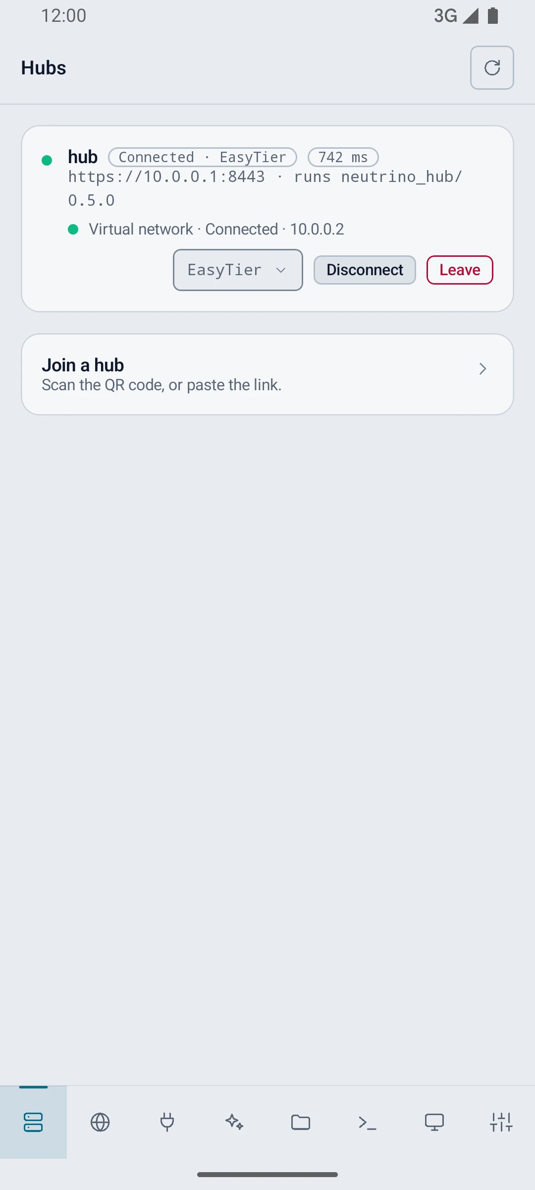 A hub row connected through EasyTier, with its virtual network line