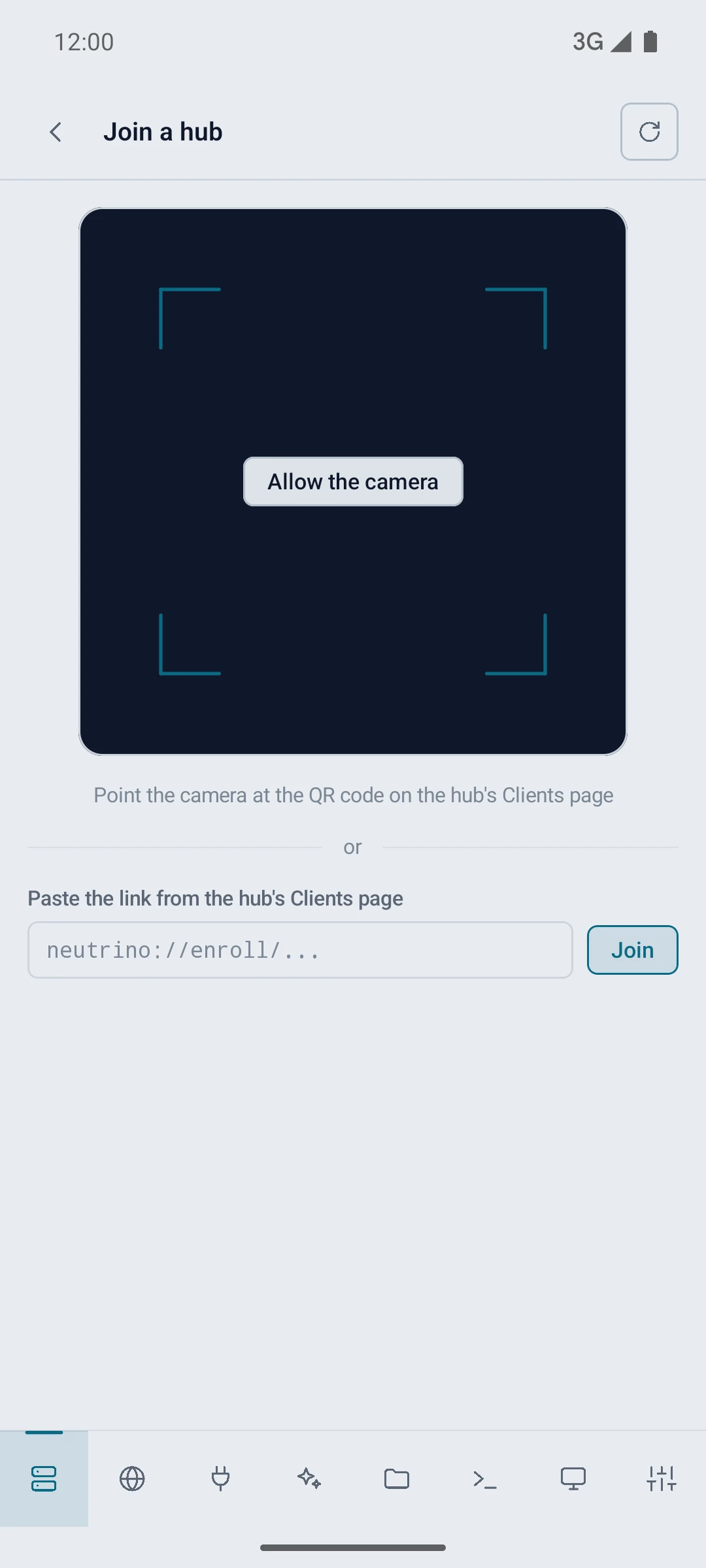 The QR scanner on the Join a hub screen