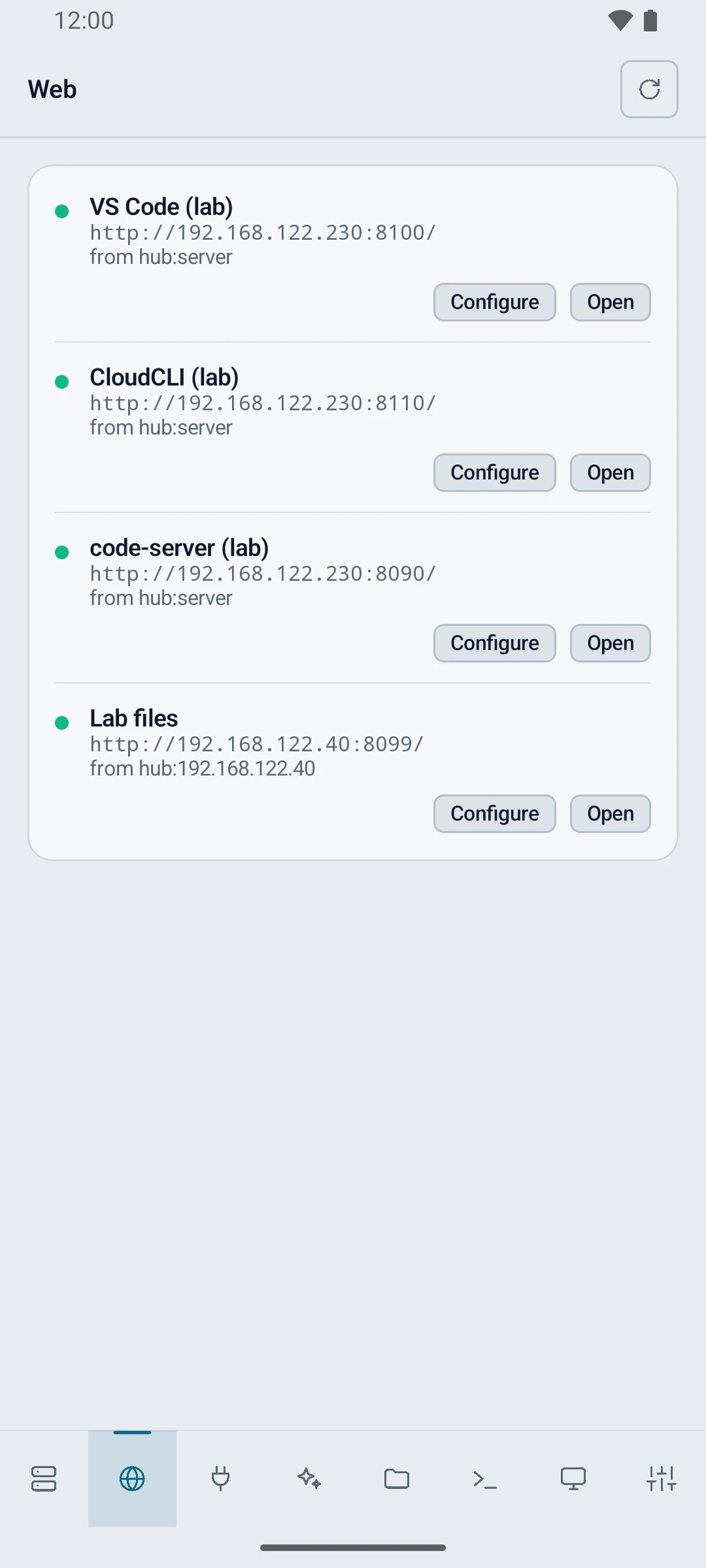 The CloudCLI row on the app's Web screen