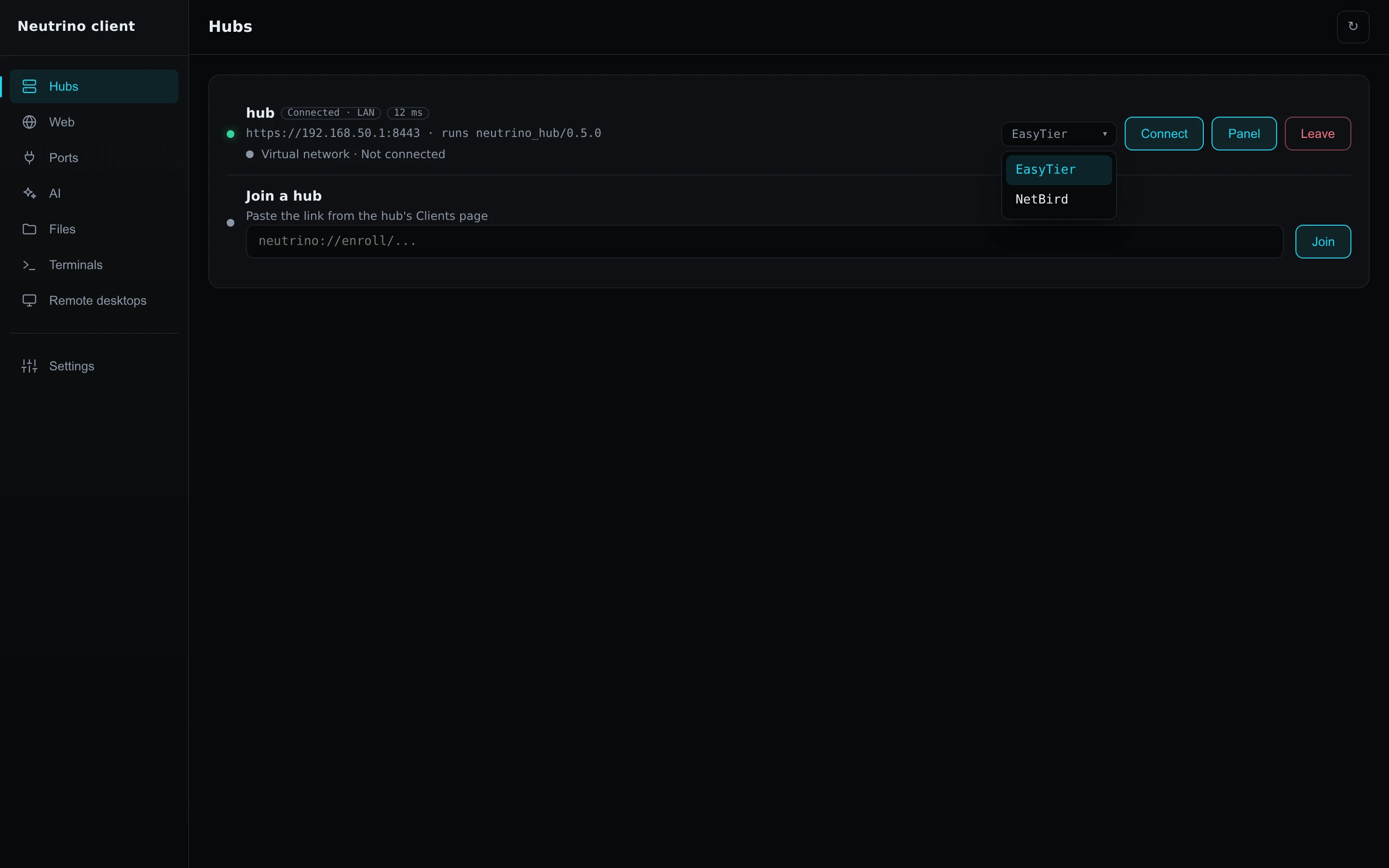 The virtual network picker on a hub row