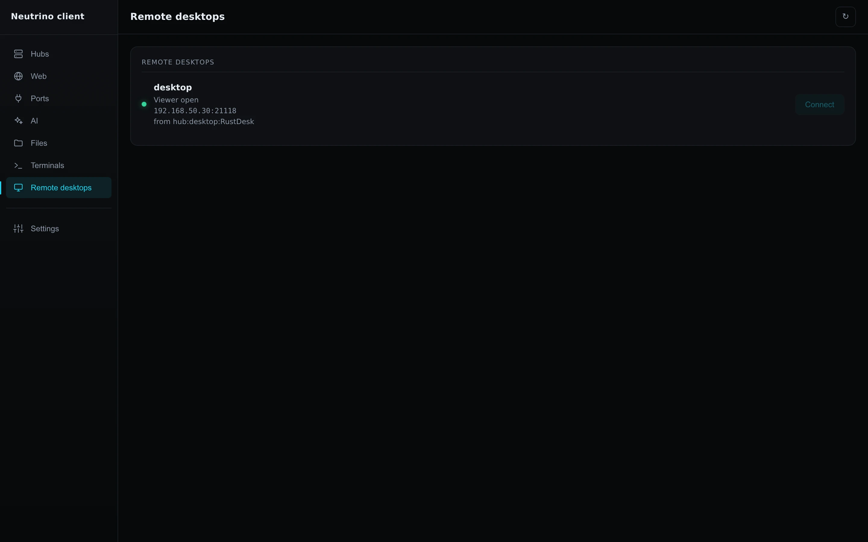 Your computer's row on the laptop's Remote desktops page