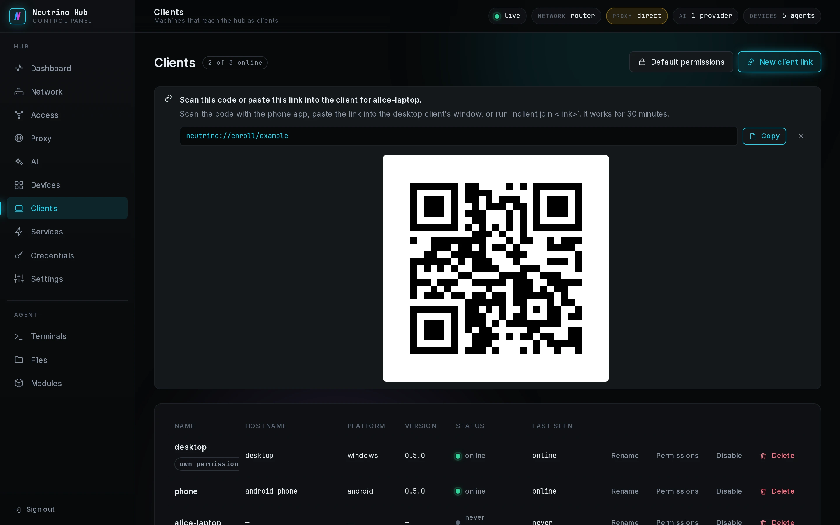 The client link with its QR code on the Clients page