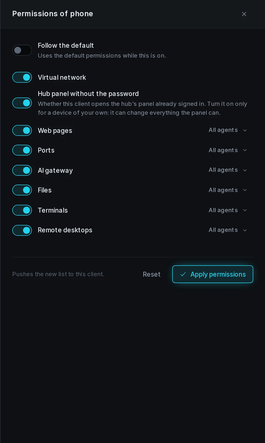 One client's permissions with Follow the default off