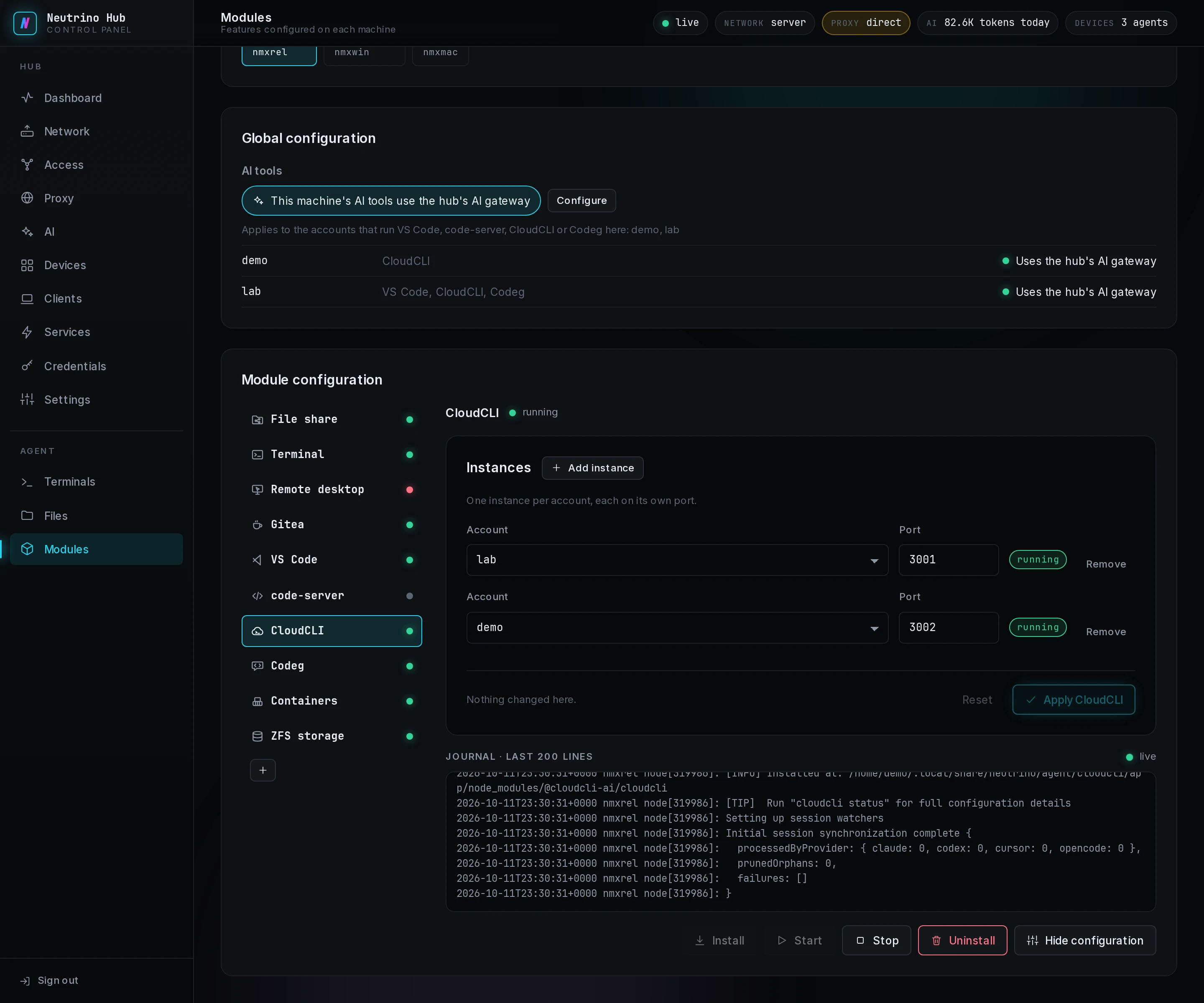 The CloudCLI tab with one running instance