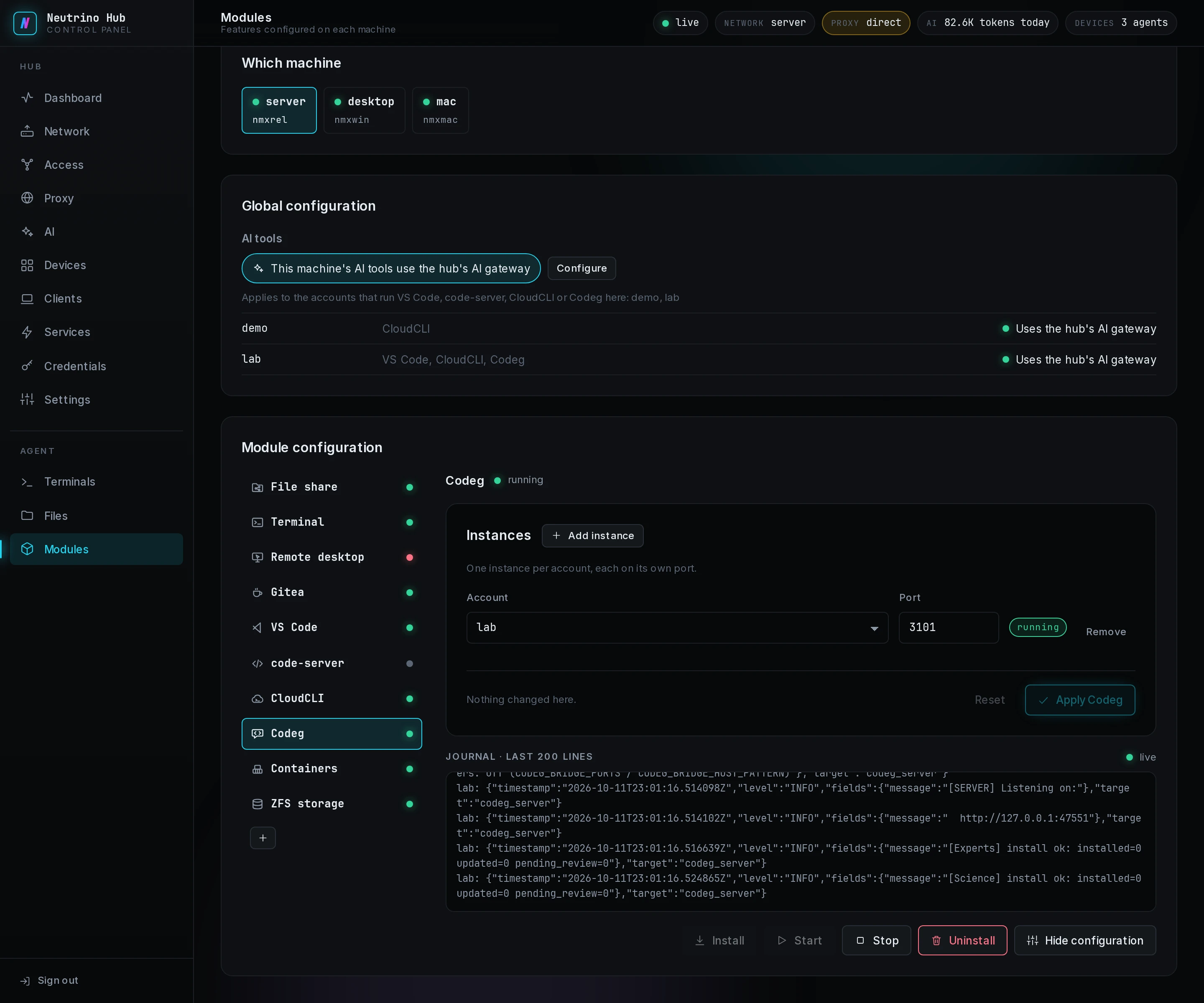 The Codeg tab of server with one running instance