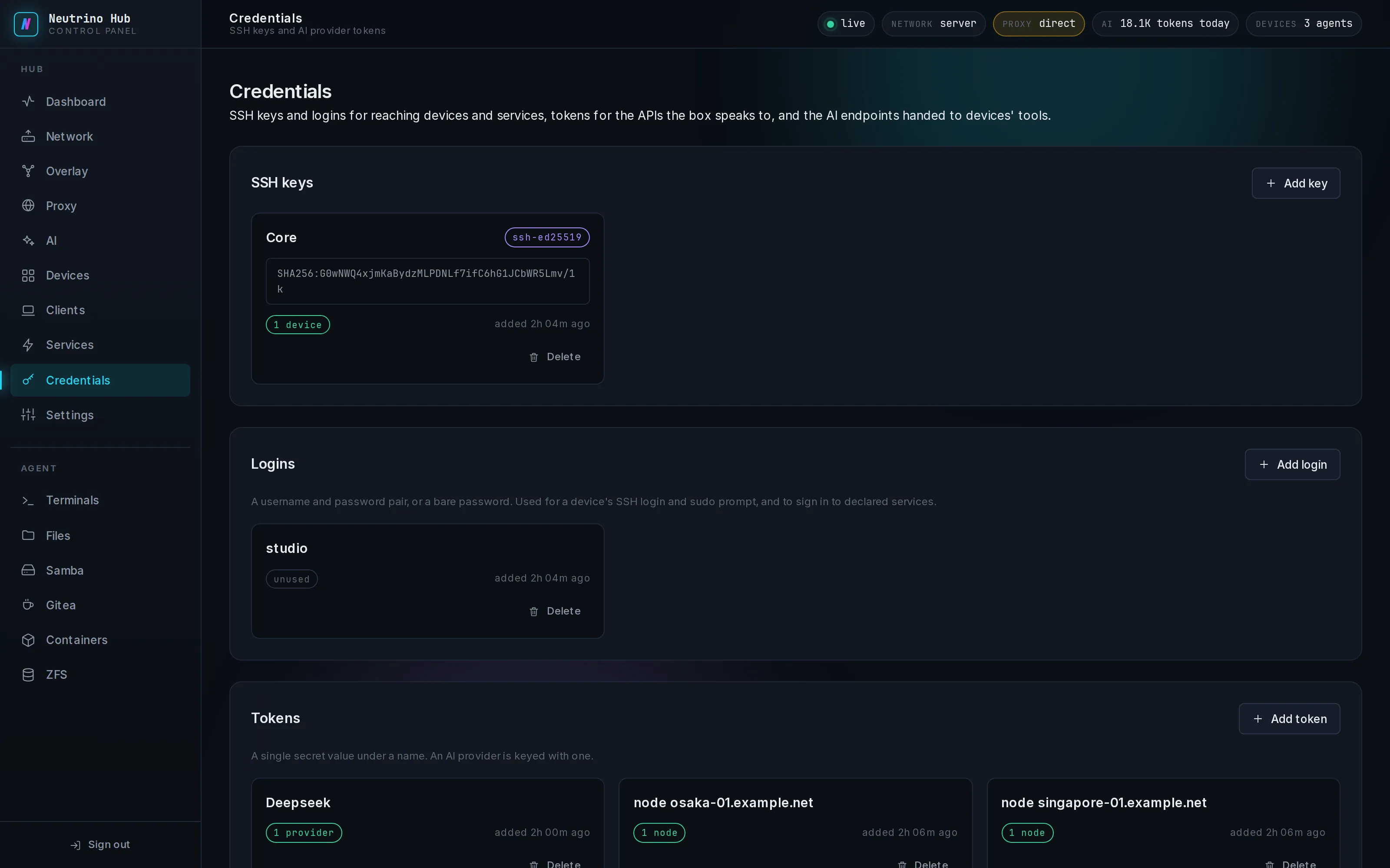 The Credentials page with keys, logins and tokens