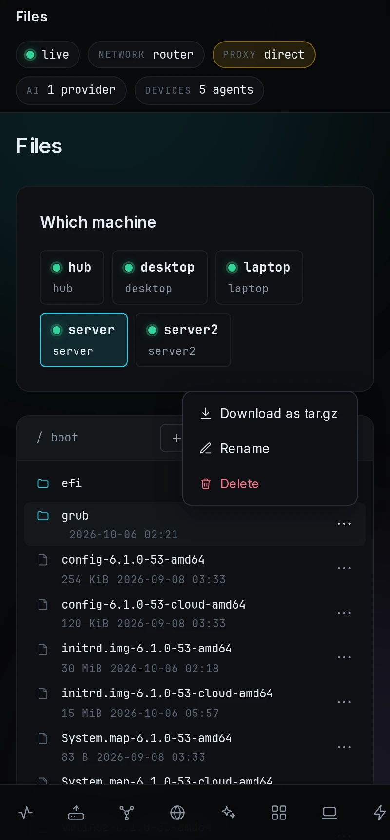 The Files page at phone width, with two-line rows and a row's menu open