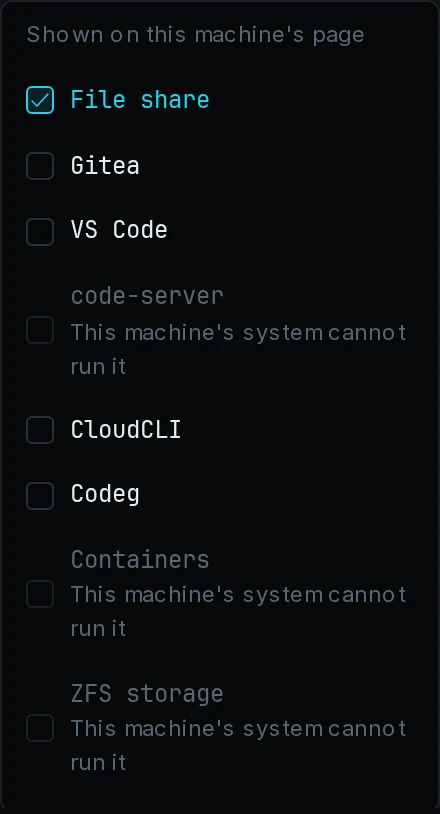 The module picker of a Windows machine, with Containers, ZFS storage and code-server greyed out