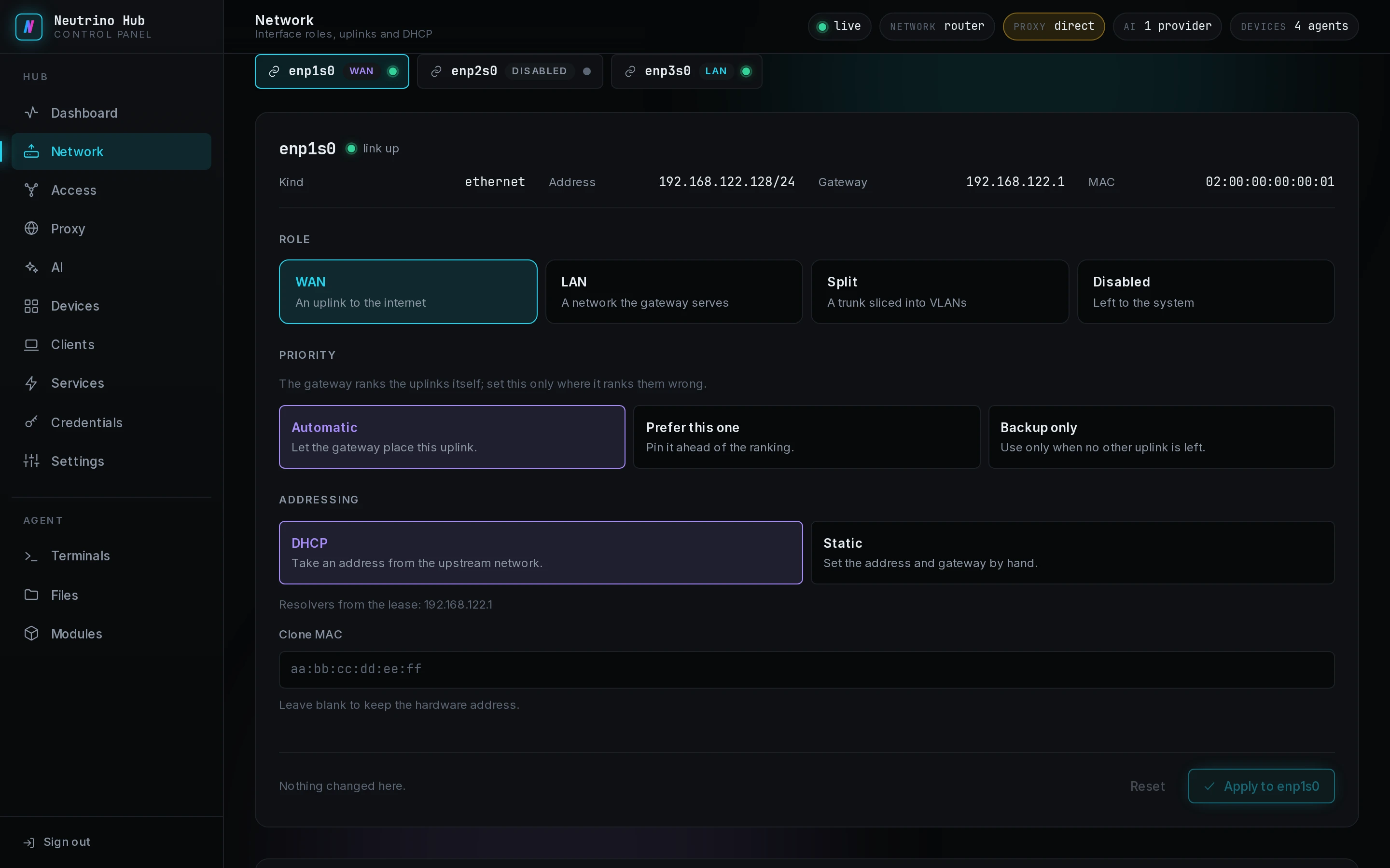 A router's interface with the WAN role, beside a LAN interface