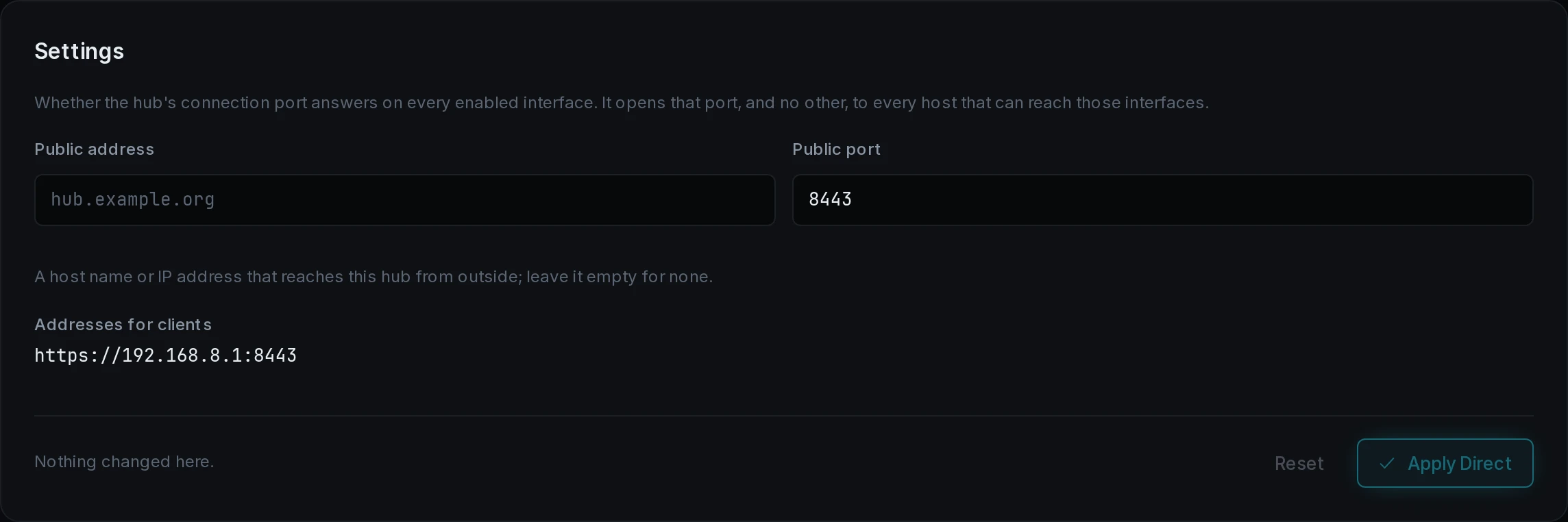 The Direct settings with a public address and the addresses for clients