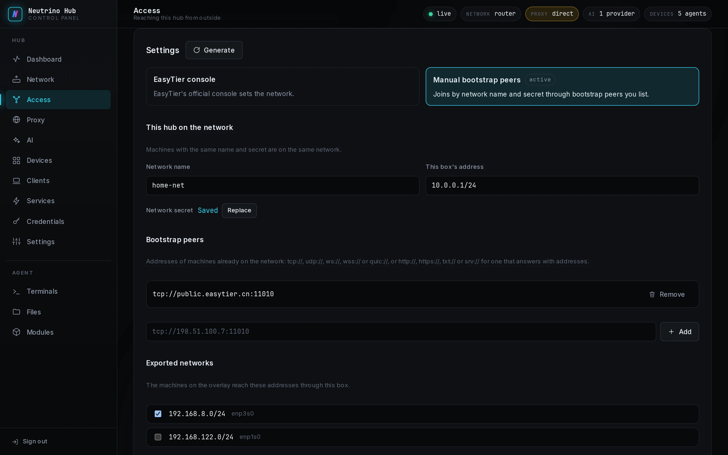The EasyTier settings in manual mode