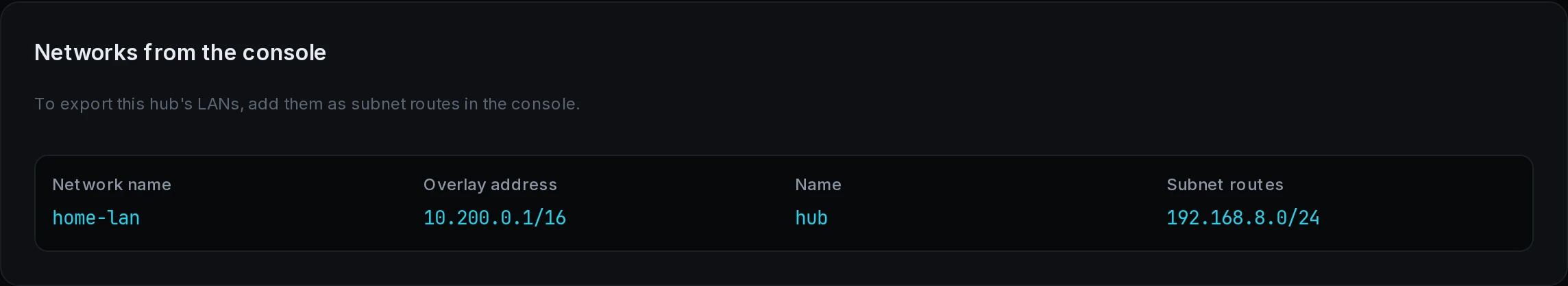 Networks from the console on the EasyTier card, with the subnet under Subnet routes