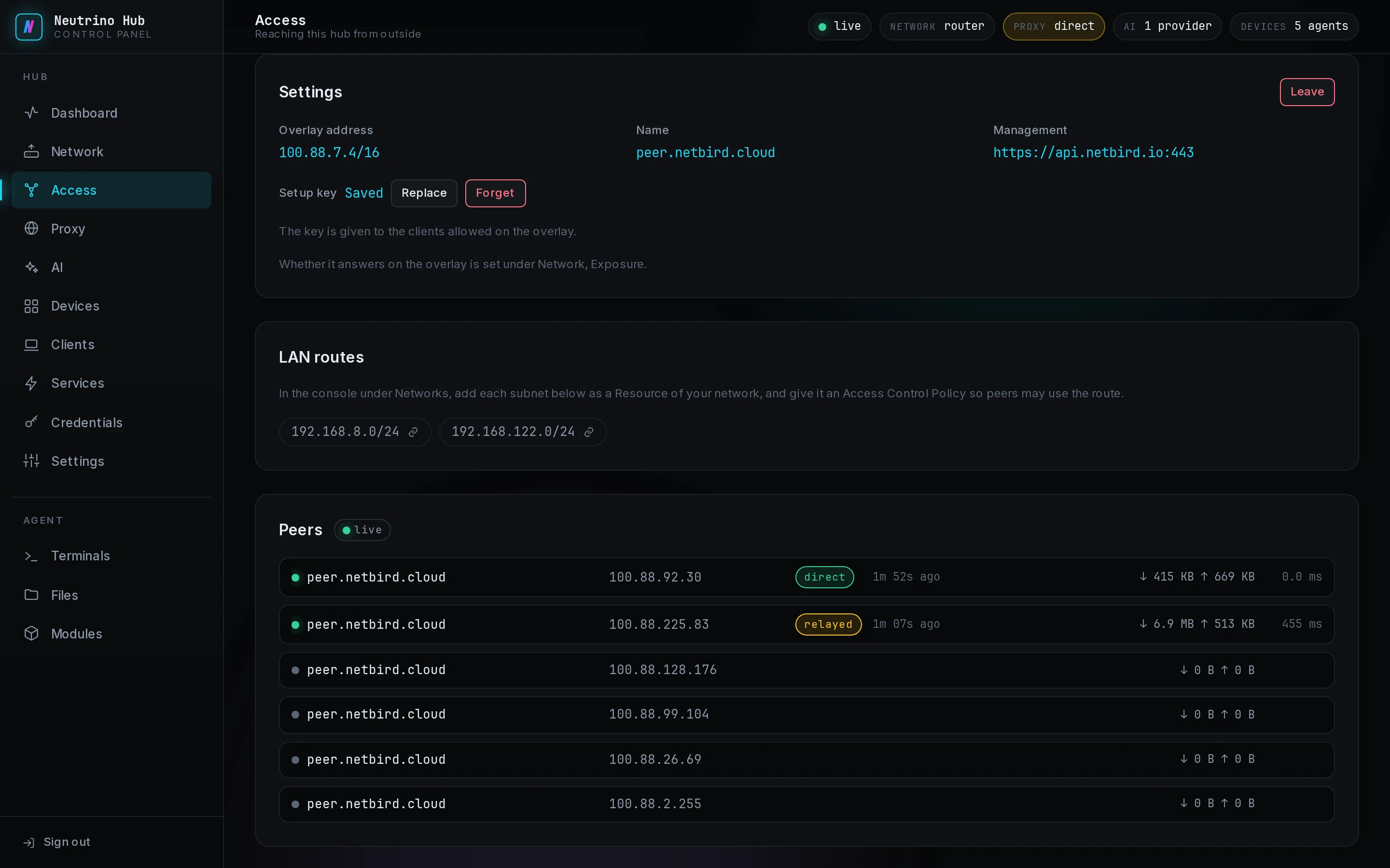 The NetBird settings with the setup key saved