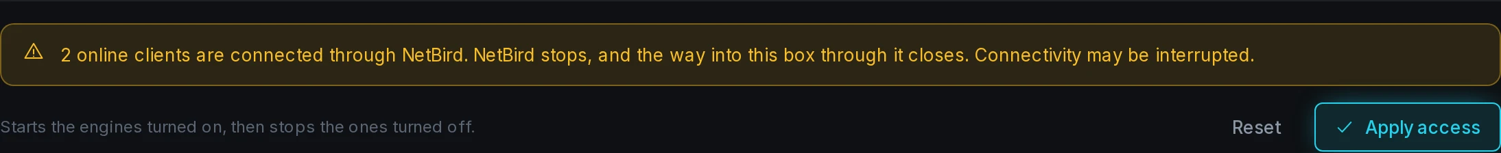 The apply bar warning about online clients