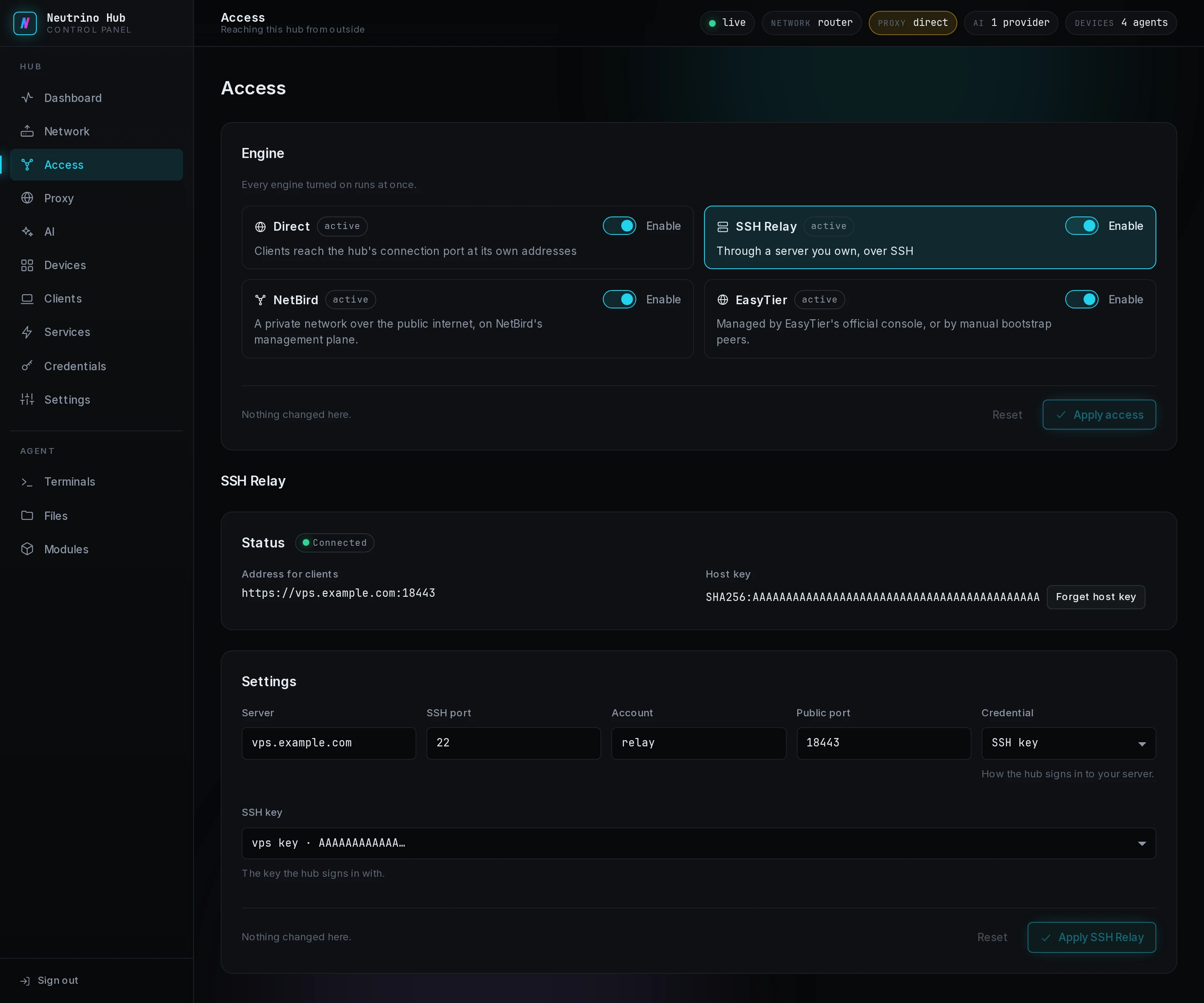The SSH Relay settings with the status Connected and the address for clients