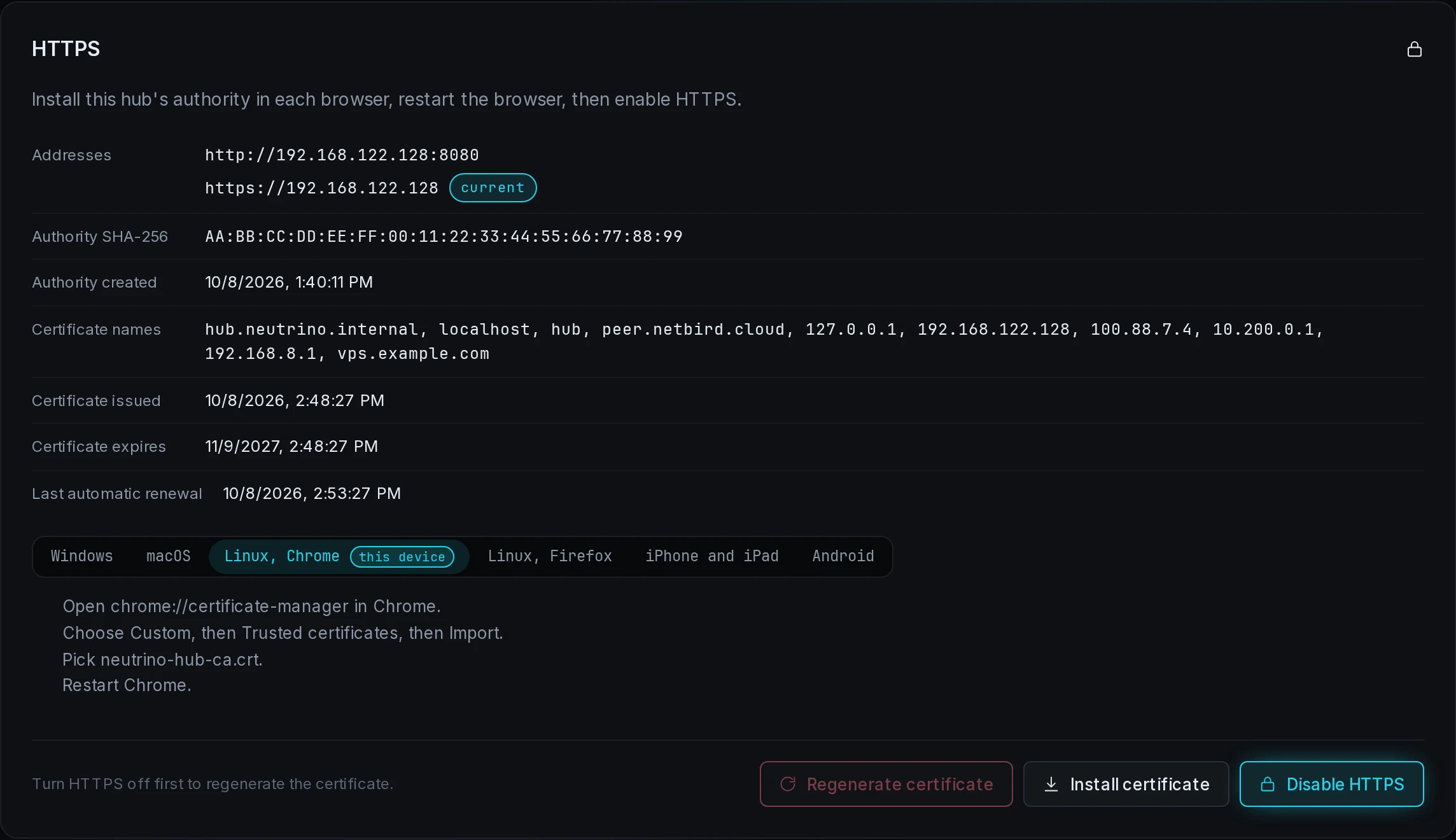 The HTTPS section with HTTPS on and its status lines