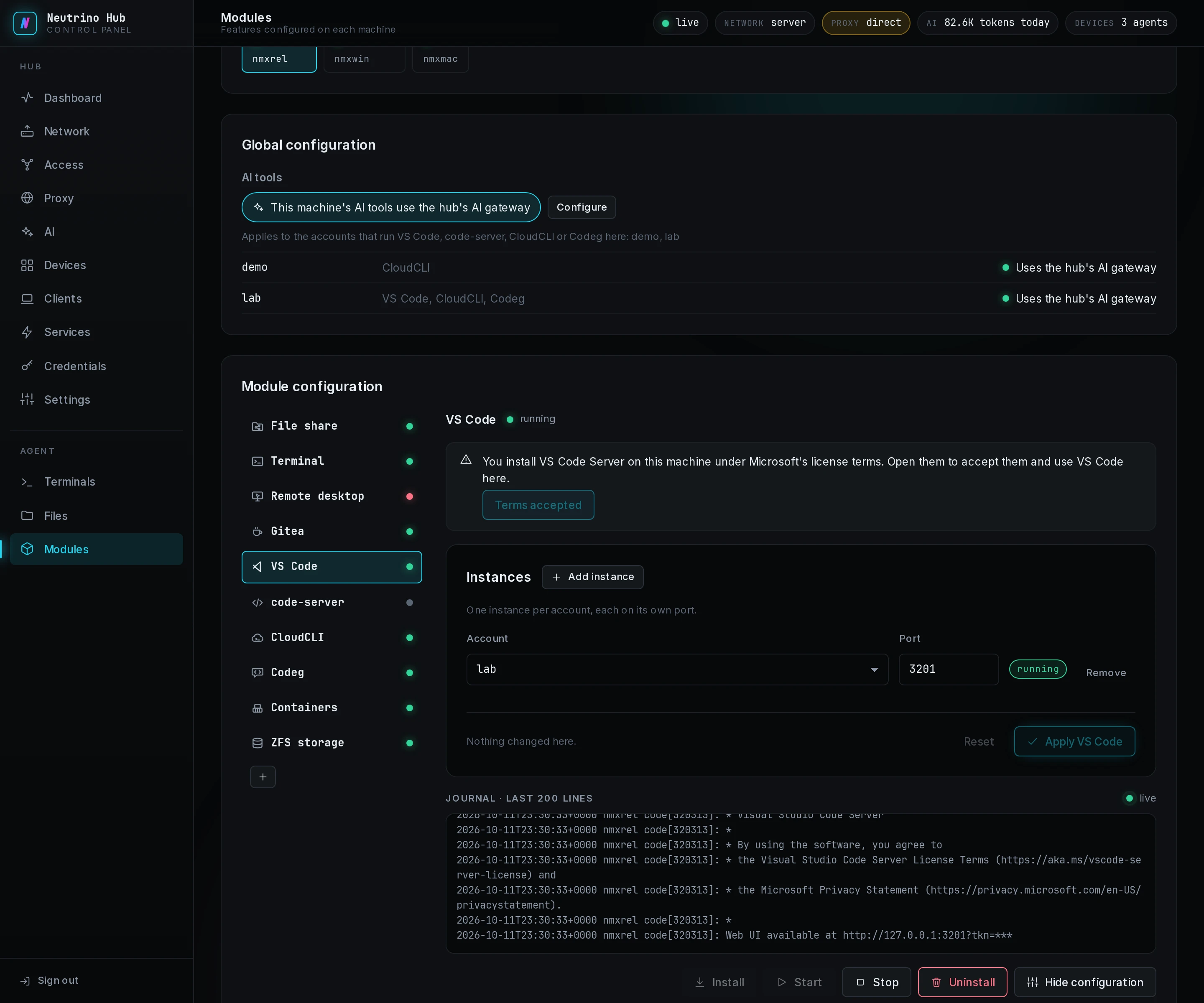 The VS Code tab with one instance and its account