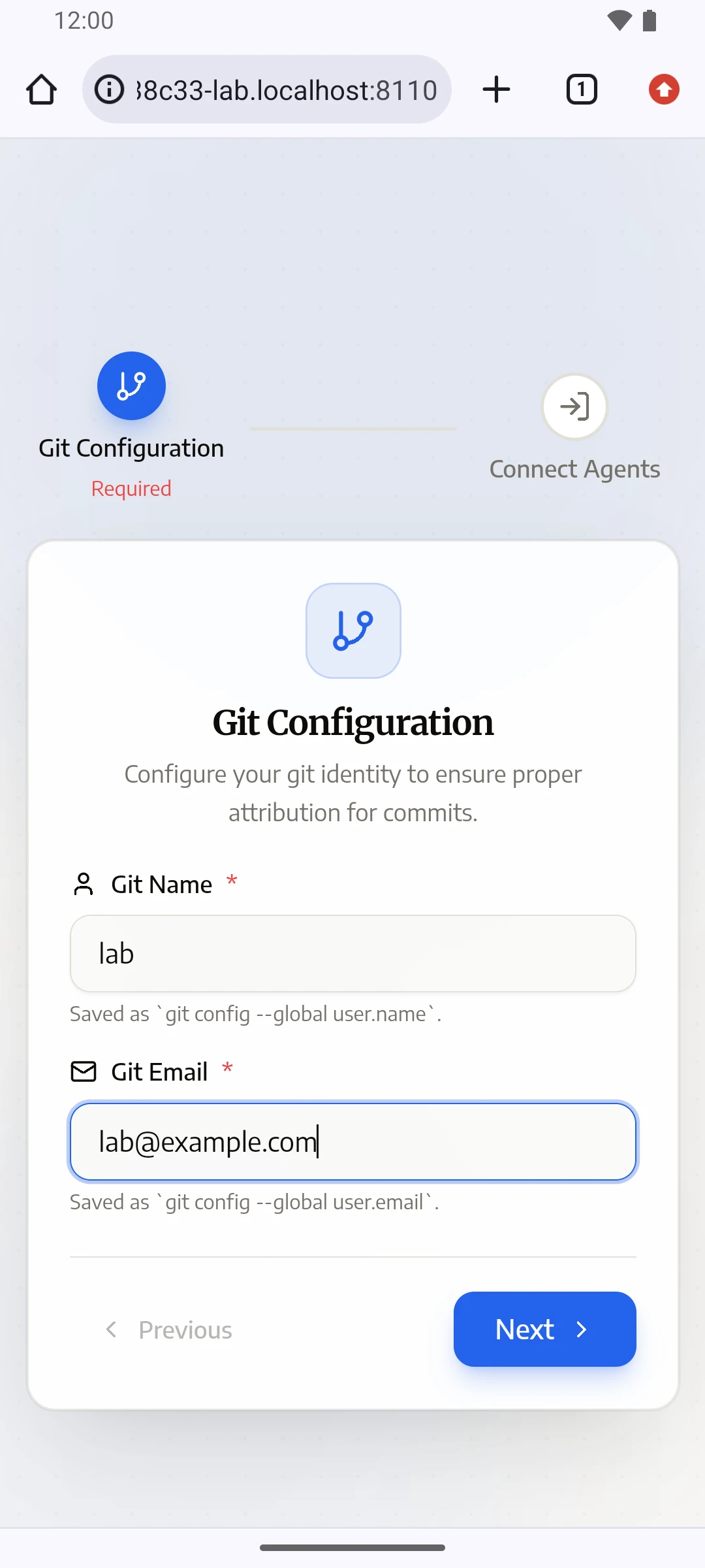 手机浏览器里 CloudCLI 的 Git Configuration 页