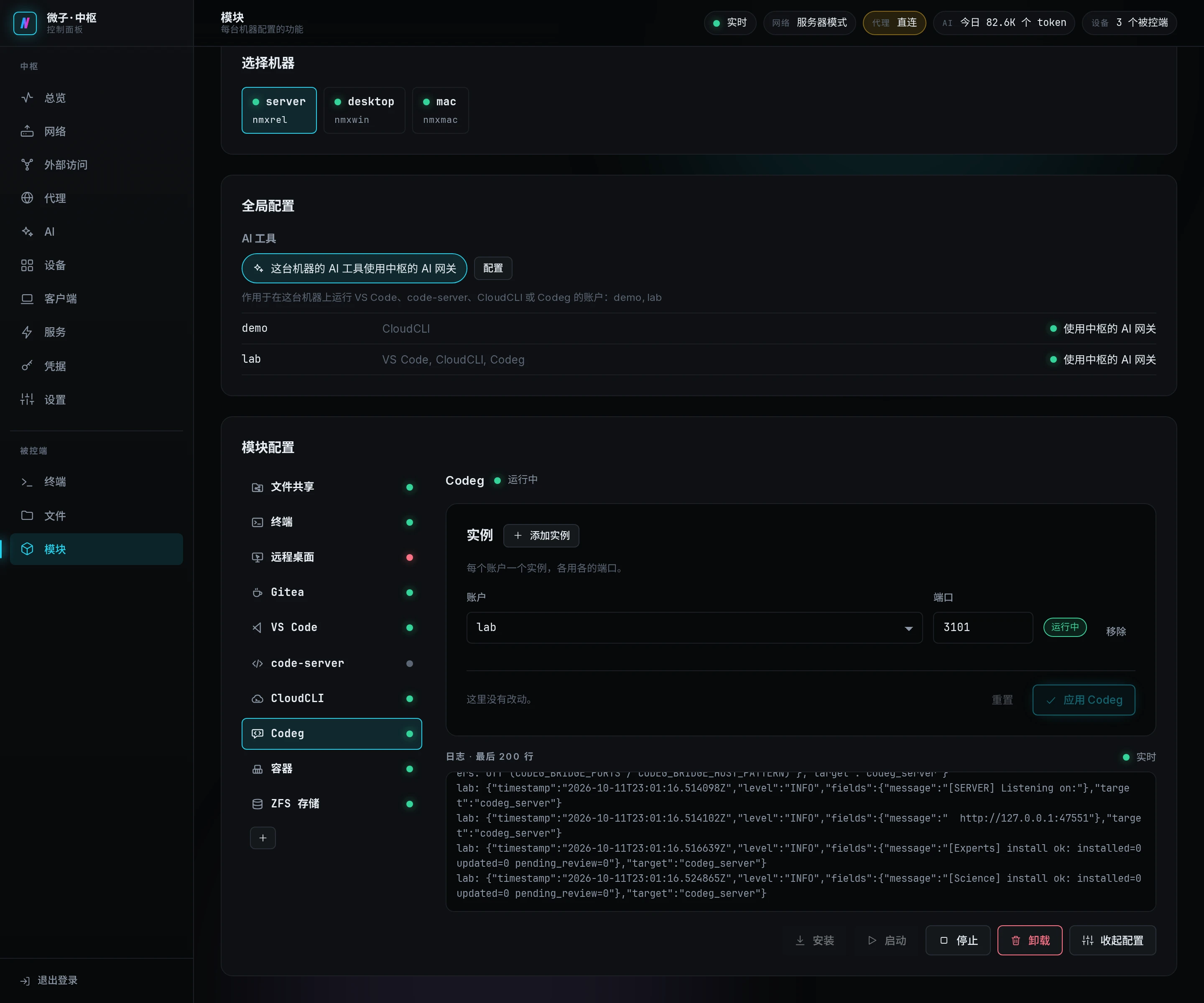 server 的 Codeg 标签，一个实例在运行